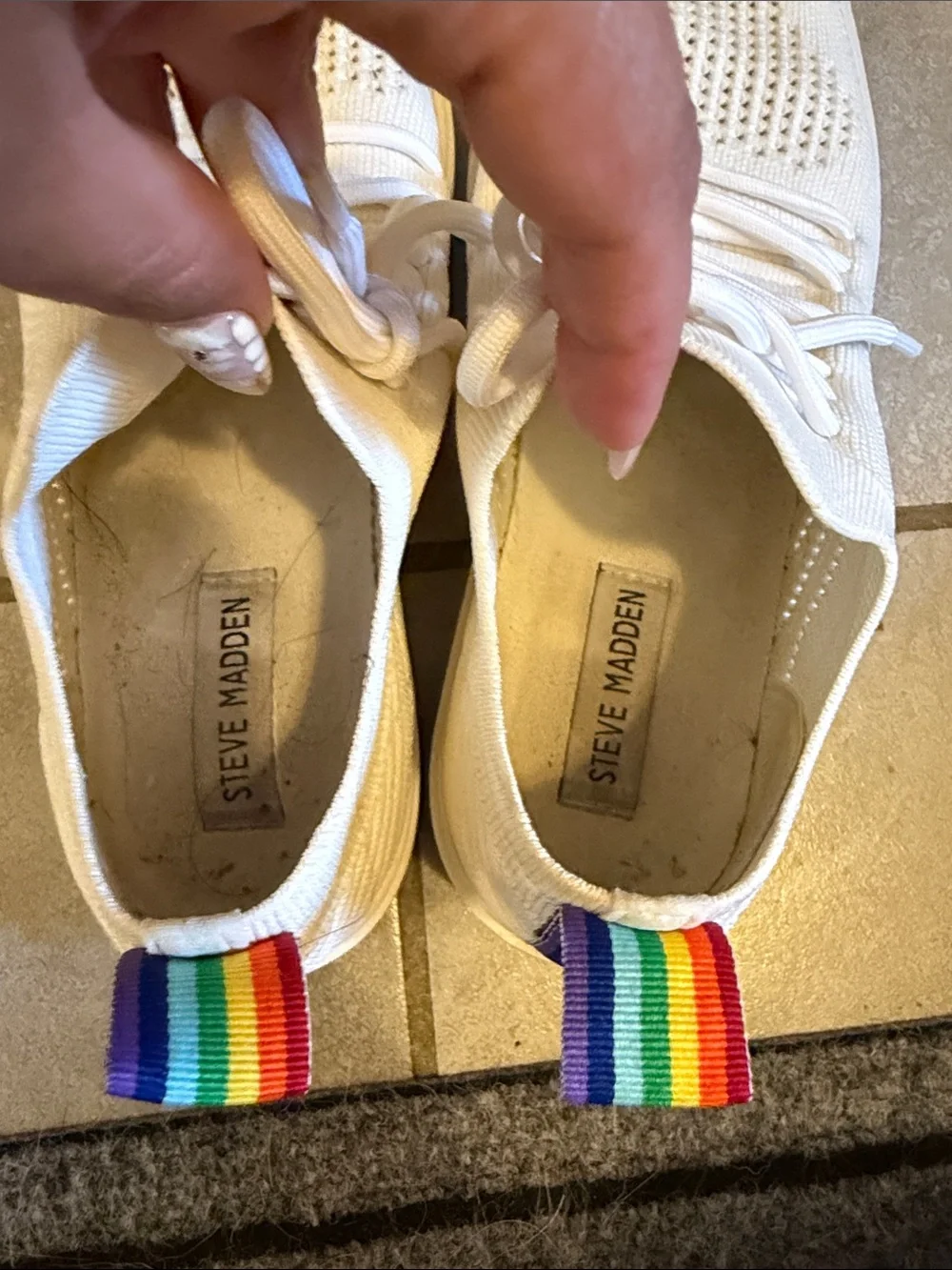 Steve Madden White Knit Lace-Up Sneakers with Rainbow Heel Tab